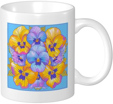 Spring Pansy Mug Pretty Petal Nature Seasonal Hand Drawn Flower Blue Ceramic Tea Cup Coffee Mug for Office and Home Outdoor Table With Handles Kitchen Tea Steeping Coffee Mug 11 Ounce