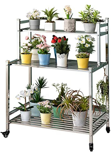 Pflanzenständer für den Außenbereich – 3-stöckiger Pflanzenständer aus Edelstahl, Blumentopf-Ausstellungsregal, robuste Eck-Pflanzenhalter für Gartengewächshaus-Organizer, Pflanzgefäßhalter
