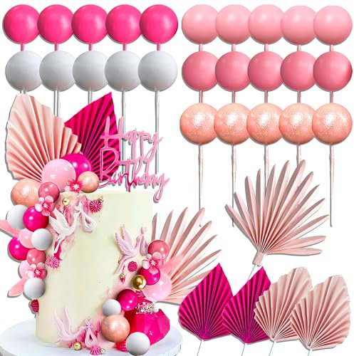 JeVenis Pink Balls Cake Decorations Baby Shower Cake decorations Pink Leaves Palm Leaves Cake Decoration Boho Cake Decoration for Wedding Birthday Bachelorette Party