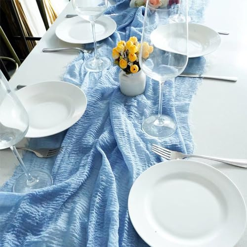 Swsen Käsetuch Tischläufer Hellblau 90 x 300cm, Boho Gaze Hochzeit Tischläufer - Romantischer Hochzeitsläufer für Hochzeit, Geburtstag, Brautdusche, Babyparty, Tischdekoration