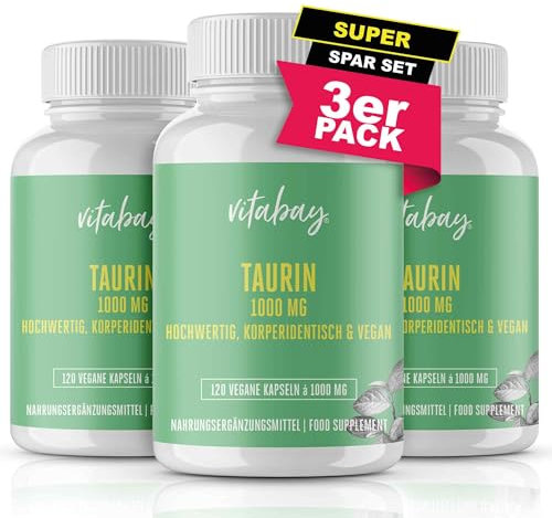 Vitabay Taurin Kapseln Hochdosiert 1000mg - 360 Taurin Kapseln Vegan & Laborgeprüft - Taurine Capsules Aminosäure Taurine 1000mg - Körperidentisch & ohne unerwünschte Zusätze