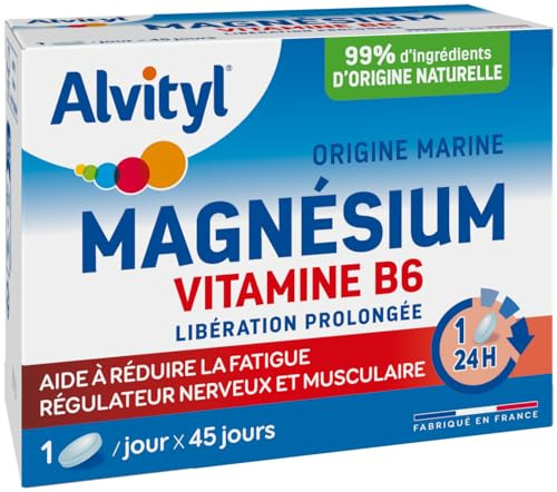 Alvityl Magnésium 300mg + Vitamine B6 - Libération Prolongée - Diffusion lente et progressive - Magnésium d'origine Marine - Stress, Fatigue, Irritabilité - Fabriqué en France - Comprimés 45 jours
