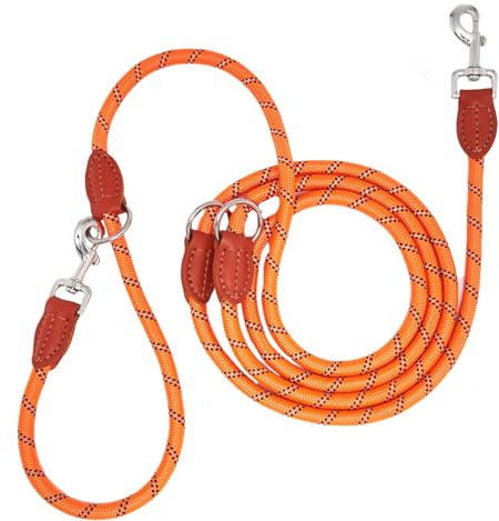 Hundeleine 3m für Große Mittelgroße Hunde mit Reflektierend Führleine Verstellbare Nylon Doppelleine aus Nylon mit 2 Karabinerhaken 3 Ringen14mm Orange