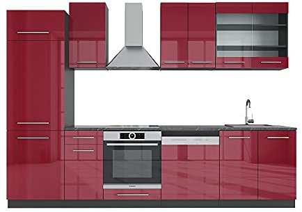 Vicco Küchenzeile Fame-Line, Bordeaux Hochglanz/Anthrazit, 300 cm, AP Eiche