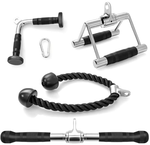 SPOTRAVEL Cable Machine Attachment Set, LAT Pull Down Cable Pulley System | with V-Shaped Handle, Double D Handle, Tricep Rope & Snap Hook, Weight Machine Accessories for Home Gym