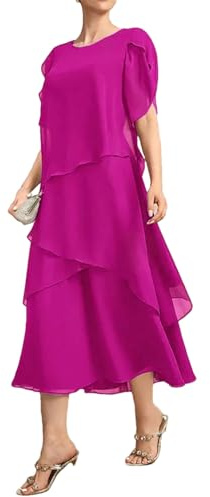 Vsadsau Vestido irregular para mujer, color liso, manga corta, cuello redondo, para fiesta, boda, por debajo de la rodilla