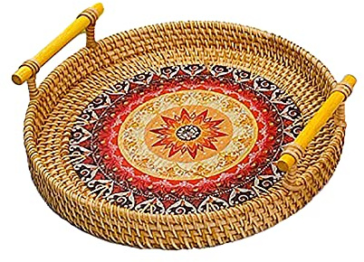 Rattan-Serviertablett, Handgefertigtes Rundes Rattan-Tablett, Gewebter Servierkorb mit Griffen, Rundes Weidentablett für Frühstück, Snacks, Getränke, Couchtisch, Heimdekoration(L)