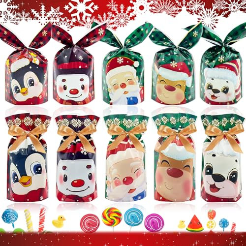 YeahBoom 100 Stücke Weihnachten Geschenkbeutel - 10 Design Geschenktüten, Hasen Ohren Candy Tüten, Cookie Beutel, Partytüten, Treat Tasche