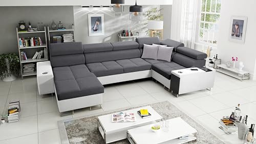 All4All Ecksofa mit Schlaffunktion Margo IV Mini 340x207 cm - Schlafsofa mit Bettkasten - Wohnlandschaft in U-Form - XXL Sofa - Seite Links - Gewebe mit Kunstleder - Dunkelgrau/Weiß - Modern 26