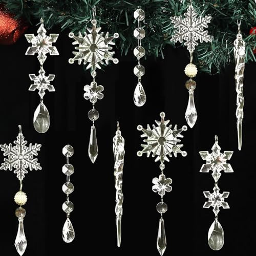 10 Stück Weihnachtsbaum Schmuck, Schneeflocken Christbaumschmuck Acryl Weihnachtlicher Baumschmuck Weihnachtsbaumschmuck Hängende Ornamente Tannenbaumschmuck Eistropfen Anhänger Weihnachts Deko