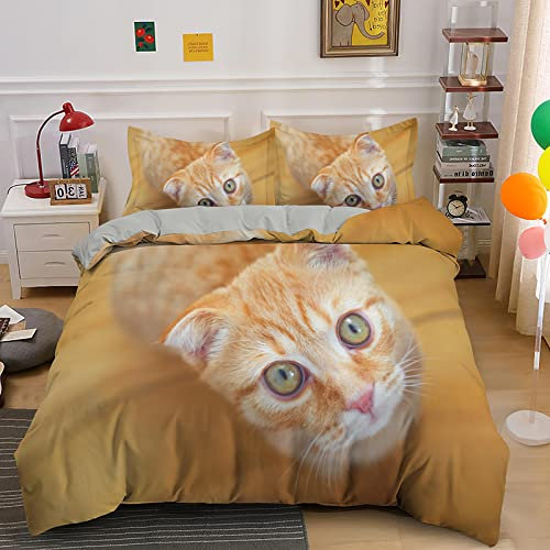CHCHNXY BettwäSche 200x220,Orangefarbene Katze 100% Microfaser 3D Print Bettbezug mit 2 Kissenbezug 80x80 cm mit Reißverschluss,Weich und Angenehme Bettwäsche Set für Erwachsener