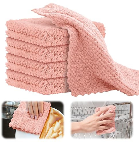 GJV Lot de 5 torchons de cuisine, super doux et absorbants, en microfibre de velours corail, antiadhésifs, lavables à l'huile, séchage rapide, 25 x 25 cm (rose)
