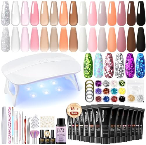 PEACECOLOR Poly Nagel Starter Set mit UV Lampe 15 Farben Poly Nagelverlängerung Gel Set Weiß Rosa Poly Nail Gel Set mit Base Top Coat, Gel Nägel Selber Set Machen Zu Hause