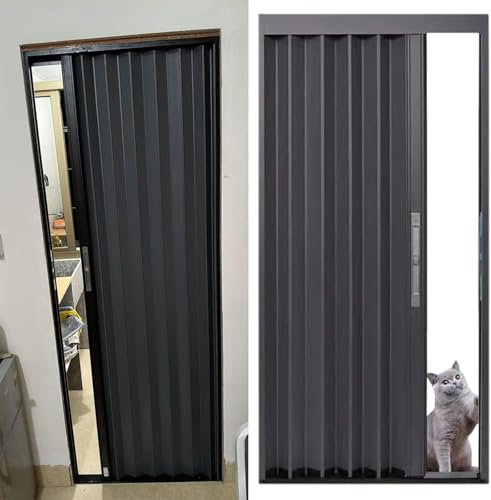 SAFWELAU Scheunentür Falttüre Faltschiebetüren aus Aluminium mit Schloss und Schlüssel, Graue Raumteiler-Tür-Sets für Badezimmer, Schlafzimmer, Flur(48x80in(121x203cm))