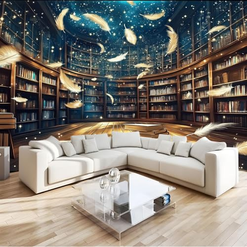 Vlies Fototapete 3D Effekt Braun Digitale Kunst Magische Bibliothek Bücher Federn Vliestapete - Wandtapete Für Wohnzimmer Schlafzimmer Büro Flur Tapete Kinderzimmer Wandtapete 300 x 210 cm