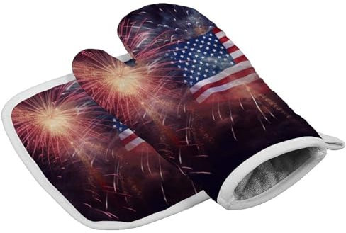 Gants de cuisine personnalisés résistants à la chaleur avec drapeau américain et feux d'artifice du 4 juillet, gants de cuisine doux pour femmes, cuisine, barbecue, grill, Thanksgiving, cadeau de