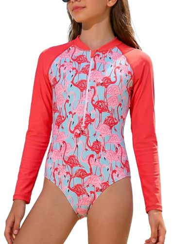 JiAmy Maillot de Bain Manches Longues pour Filles Protection UV Une Pièce Rashguards Motifs Adorables Tenue de Bain Plage et Piscine pour 9 à 10 Ans