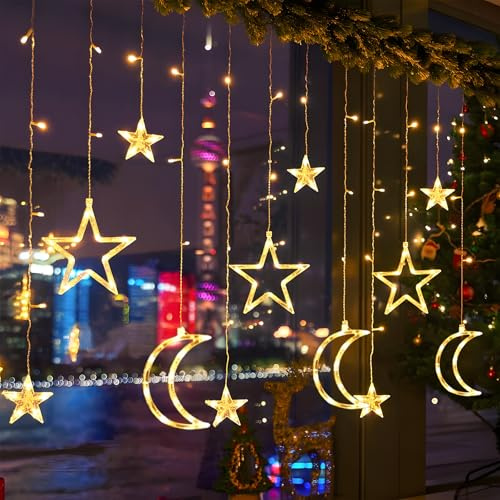 Aigostar Warmlicht Vorhänge mit Sternen und Monden, 3x0.6m, lichtervorhang Innen mit Fernbedienung, 8 Modi, Timer, wasserdicht, lichterkette fenster für Innen, im Freien, christmas decorations