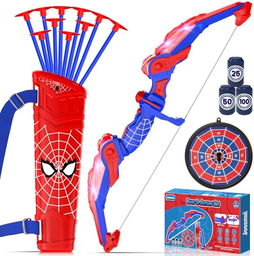 Lubolee Pfeil und Bogen Kinder Set mit LED Licht, Outdoor Spielzeug ab 3 4 5 6 7 8 9 10 11 12 Jahre Jungen, Outdoor Spiele für Kinder mit Bogen, Köcher, 10 Pfeilen, Hängeziel und 3 Schaumstoffzielen