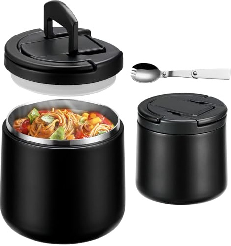 Itslife Termo para Comida 600ml, Recipiente Térmico para Comida con Cuchara, Acero Inoxidable Fiambrera Termica Infantil y Adultos, Contenedor Térmico para Picnic, Escuela y Oficina, Negro