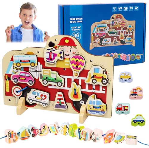 Giochi Da Infilare, Giochi Montessori 2 3 4 5 Anni, Contiene 25 Perle di Threading di Diverse Forme di Auto, Stack di Legno Puzzle, Promuovi Le Capacità Motorie Sottili, Regalo per Ragazzi E Ragazze