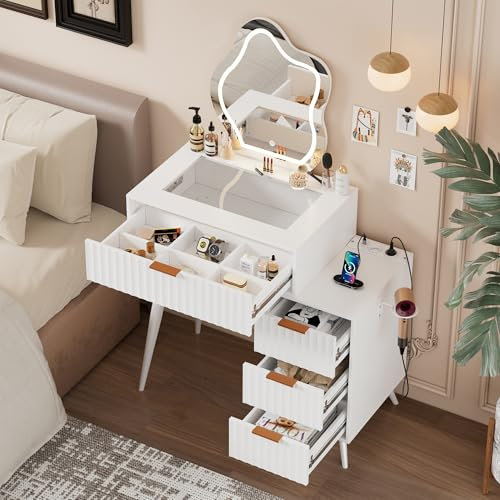 MSFE Schminktisch mit Spiegel, Schminktische mit LED Lights 3 Farben, Einstellbare Helligkeit und Farbtemperatur,4 Schubladen,Glasplatte, Steckdosenleiste,Schminktische mit Schlafzimmer,80*40*128cm