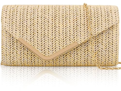 Larcenciel Pochette Donna Bohémien, Borsa Paglia a Busta con Catena, Borse Mare Fatte a Mano, Elegante Borsa a Tracolla Donna Intrecciata per Spiaggia Estiva, Festa, Vacanza, 22×11×4CM
