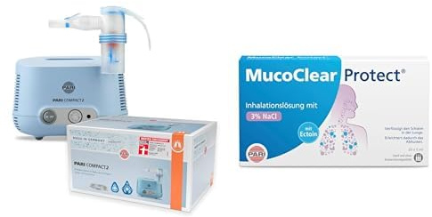 Bundle aus PARI COMPACT2 Inhalationsgerät Kinder & Erwachsene – Inhalator Vernebler zur Therapie der unteren Atemwege mit Kindermaske & Babymaske + MucoClear Protect Inhalationslösung, 20 St.
