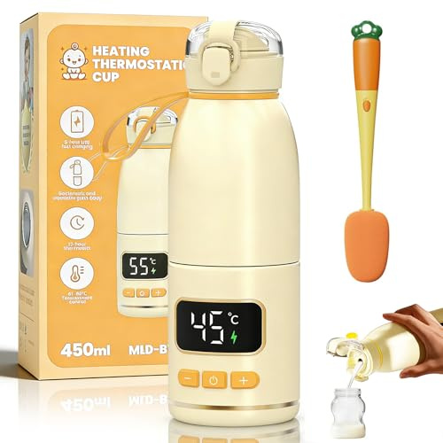 Babyflaschenwärmer Schnellheizender, Auslaufsicher Babyflaschenwärmer mit Batteriestandsanzeige, 37~55 °C, 15000mAh, Flaschenwärmer Baby Unterwegs mit Reinigungsbürste für Reisen Nachtfütterung