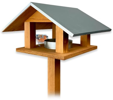 GARTENETAGE Vogelwunder mit Metalldach – Premium Vogelhaus aus Kiefernholz, wetterfest & hygienisch, mit herausnehmbarer Futterstelle, 2-in-1 Ständer, ideal für Wildvögel im Garten
