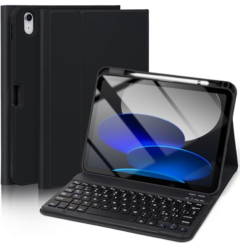 Hülle Tastatur für iPad (A16) 11./10. Generation (2025/2022), (11/10.9 Zoll) - QWERTZ, Beleuchtete, Magnetische Abnehmbar Bluetooth Tastatur, Soft TPU Rückseite Gehäuse mit Stifthalter (Schwarz)