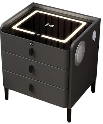 Smart Bedside Table with Fingerprint Lock, Bluetooth Speaker, Wireless Charging & USB Ports, 3-Drawer Modern Nightstand with Three-Colour LED Light for Bedroom (1, grey)