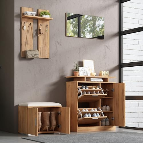 Oslghy Garderobenset Wandgarderobe, Garderoben Set mit Spiegel, Schuhbank und Wandpaneelen, Flurgarderobe Set mit Schuhschrank, 4 Haken und 5 Türen, Flurtrockenständer, 140x35x133cm(Nnatural)
