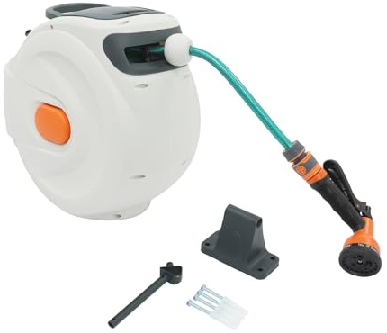 ROGONPDK Carrete de manguera, caja de manguera montada en la pared, rollo automático de manguera de jardín de 20 m, enrollador de manguera automático con boquilla de válvula ajustable, carrete de