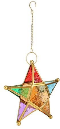 Tnfeeon Stern-Marokkanische Laterne, Hängender Vintage-Kerzenhalter, Buntes Glas, 19 X 19 cm, für Zuhause, Garten, Balkon (Gold)