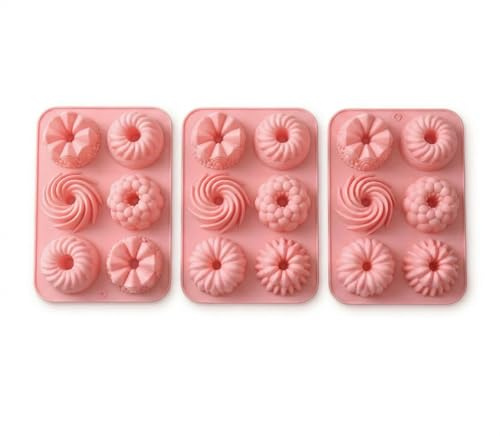 Mshan 3 Stück Silikon Donut Formen, 6 Unterschiedlich Geformte Rillenmuster Antihaft-Safe Silikon Donut Backform Hitzebeständigkeit Backblech für Kuchen, Muffins & Desserts | Wiederverwendbar
