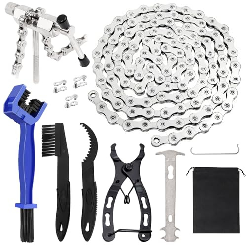 9Fach Fahrradkette 116 Glieder Kettennieter Reparatur Werkzeug Rostfrei | Performance Gang Fahrrad Kette Speed Mountainbike Ketten mit Universal Bike Kettenschloss Zange Kettenlehre Reinigungsbürste