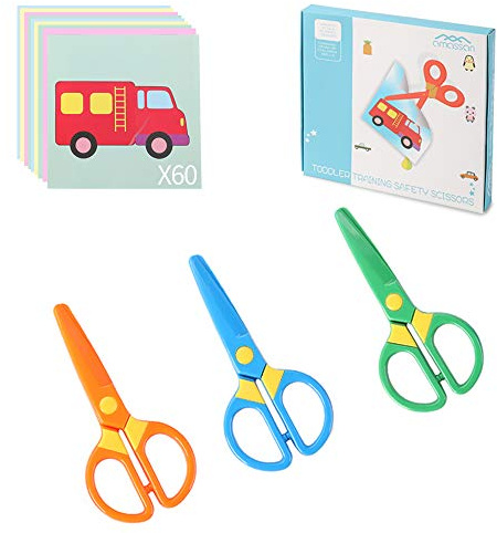 3-Pack Toddler Safety Scissors Kit - Child-Safe Preschool Training Scissors & 60 Sheets Craft Paper | Ergonomic Blunt Tips, Early Childhood Development Tools for Kids 2-5 Years