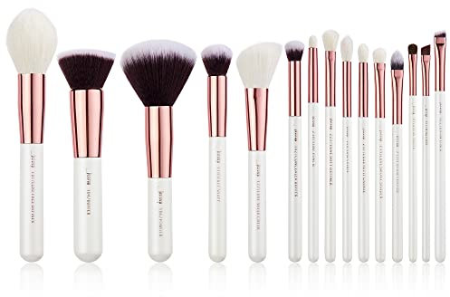Jessup - Juego de 15 brochas de maquillaje profesional, para base de maquillaje,juego de herramientas de maquillaje para base de maquillaje y definidor de sombras blanco perla/oro rosa T220