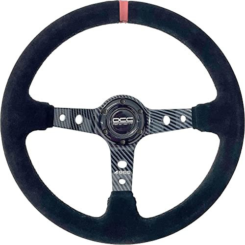 OCC MOTORSPORT VOLANT MODÈLE TRACK ALCANTARA BRAS LOOK CARBONE - VOLANT PLAT COMPLET 90 MM - 350 MM (14 POUCES), NOIR - ROUGE