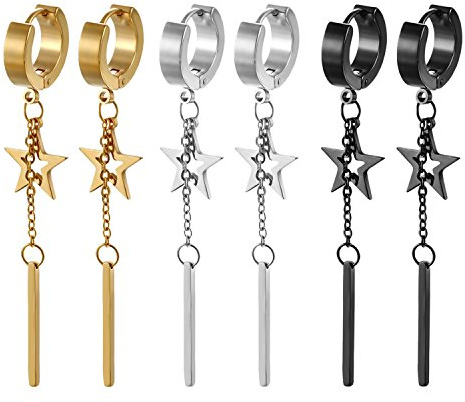Flongo Creolen Ohrringe, Edelstahl Ohrstecker Ohrringe Ohrhänger Ohrkette Silber Schwarz Gold Golden Stern Quaste Anhänger Jahrgang Hip-Hop Herren Männer Damen Frauen Ohrschmuck