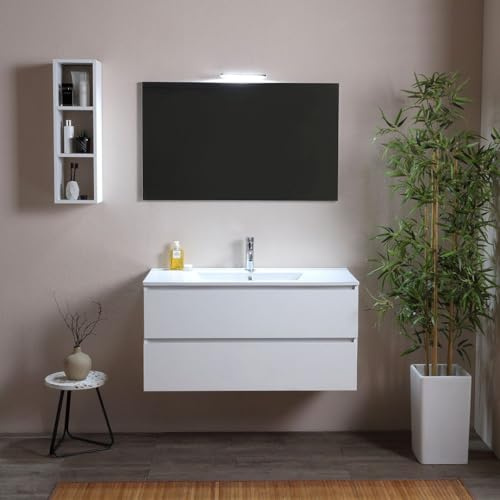 Kiamami Valentina Mobile Bagno Sospeso 100 Cm Bianco Effetto Legno Berlin | Composizione con due cassetti soft close, lavabo ceramica, specchio 100x60 cm, applique led, stile moderno