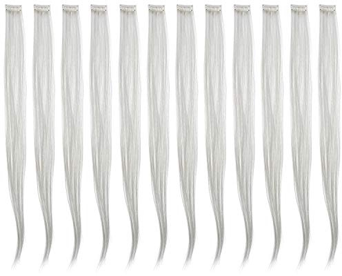 SWACC 12 Pcs Straight One Color Party Highlights Clip on in Hair Extensions For Women Colored Hair Streak Synthetic Hairpieces (Sliver Gray)