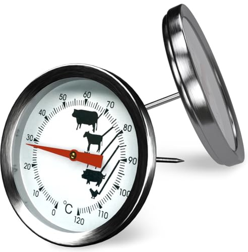 VIOKS Set 2x Fleischthermometer Backofen 0 bis +120°C - Steak Thermometer aus Edelstahl 43 mmØ mit Einstechfühler 130 mm - Thermometer Fleisch zur Temperaturmessung verschiedener Fleischsorten