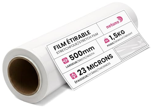 Netuno 1 rouleau de film étirable blanc 23 microns 500mm 1,5kg film pour palettes emballage étirable rouleau de plastique extensible pour emballer colis protection plastique emballage déménagement