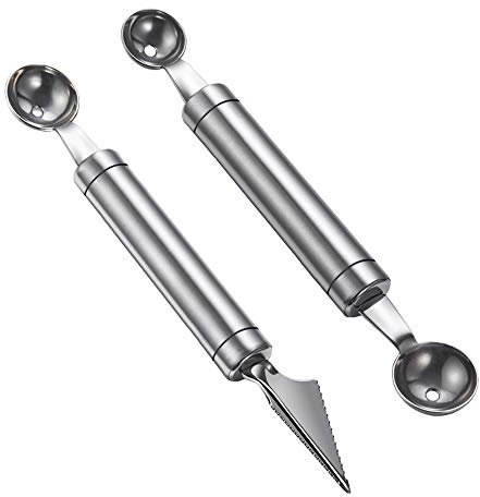 alladaga 2 Stück Melonenlöffel Kugelausstecher Doppelzweck Melonenausstecher Fruchtschnitzwerkzeuge Multifunktions-Küchengeräte aus Edelstahl