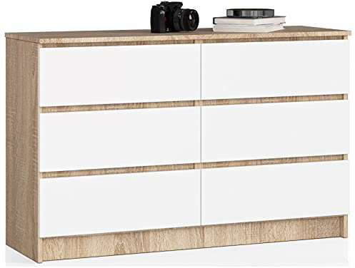 AKORD Kommode K-120 mit 6 (2 x 3) Schubladen | für das Wohnzimmer Schlafzimmer Schrank Büro Arbeitszimmer | Modernes Funktionales Design | B120 x H77 x T40 cm, Gewicht 43kg | Sonoma Eiche/Weiß