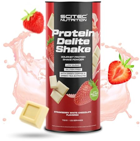 Scitec Nutrition Protein Delite Shake Producto alimenticio en polvo con trozos de fresa liofilizados, proteína, L-carnitina, 700 g, Chocolate blanco con fresa