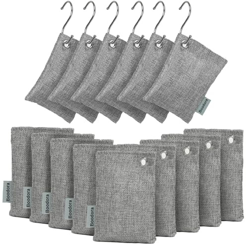 Boodora Activated Charcoal Bags Air Purifying 15 Pack, Bamboo Charcoal Odor Absorber for Home Closet Car Shoes, 70g Gray, Natural Odor Neutralizer, Moisture Absorber, Reusable up to 2 Years, 6 Hooks