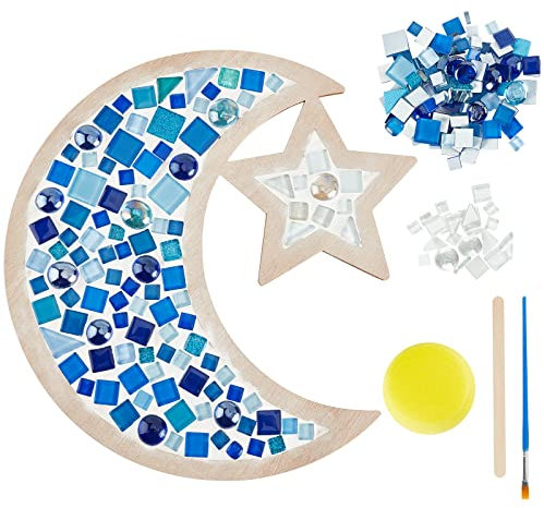 WEBEEDY Mond- Und Stern-Glas-Kit Mosaik-Kunst-Kit DIY-Bastelmaterial Mosaikbrett mit Vorlagen Steckspiel für Kinder ab 3 Jahre Mosaik Bastelset